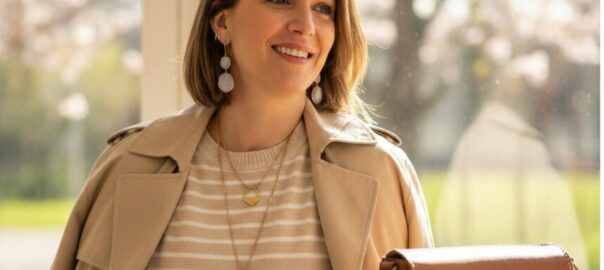 Usa questo testo esatto nel campo "Testo Alternativo" (Alt Text) su WordPress: Donna che indossa gioielli artigianali con pietre naturali e borsa in pelle marrone DadArt per un look cambio stagione primavera.