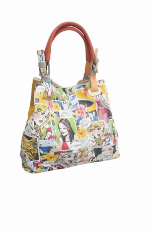 Borsa in vera pelle con fumetti ,made Italy, dotata di tracolla,interno foderato con tre scomparti centrale con zip e tasche laterali. Chiusura con bottone magnetico. Multicolore
Misure H 28 B18 L33 Spedizione Gratuita