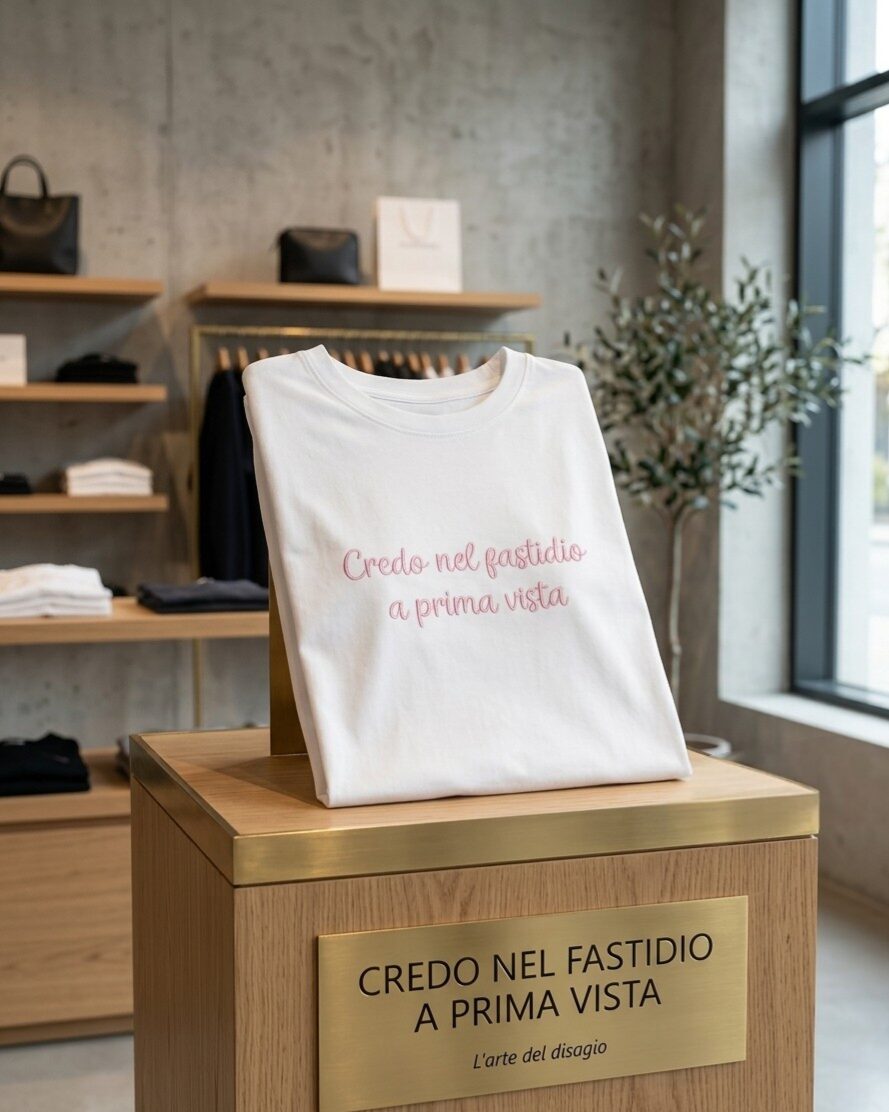 T shirt manica corta con scritta ricamata “credo nel fastidio a prima vista” taglia unica, vestibilità morbida.composizione 95% cotone 5% elastame Spedizione Gratuita T shirt manica corta con scritta ricamata “credo nel fastidio a prima vista” taglia unica, vestibilità morbida.composizione 95% cotone 5% elastame Spedizione Gratuita