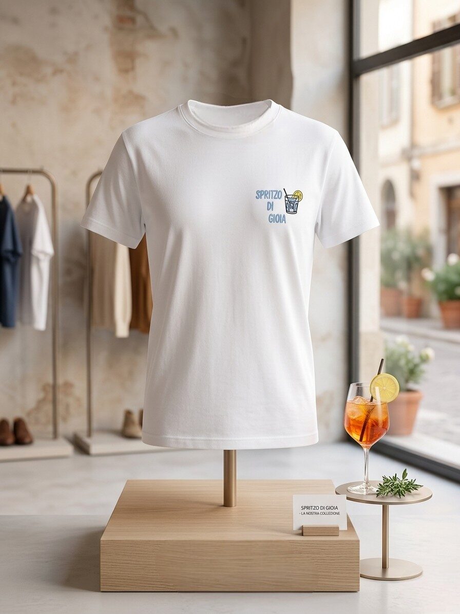 T shirt manica corta con scritta ricamata “spritzo di gioia” taglia unica, vestibilità morbida.composizione 95% cotone 5% elastame Spedizione Gratuita T shirt manica corta con scritta ricamata “spritzo di gioia” taglia unica, vestibilità morbida.composizione 95% cotone 5% elastame Spedizione Gratuita