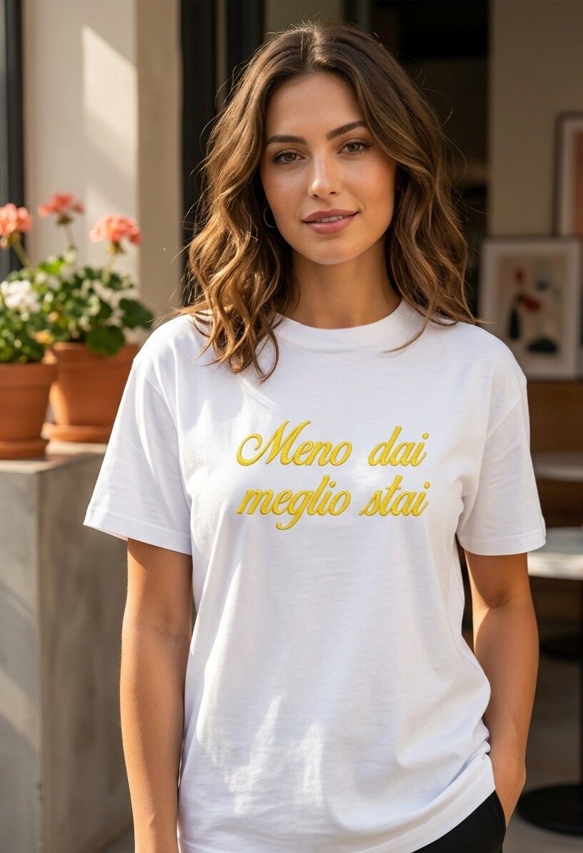 T shirt manica corta con scritta ricamata “meno dai meglio stai” taglia unica, vestibilità morbida.composizione 95% cotone 5% elastame Spedizione Gratuita T shirt manica corta con scritta ricamata “meno dai meglio stai” taglia unica, vestibilità morbida.composizione 95% cotone 5% elastame Spedizione Gratuita
