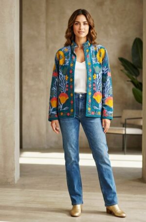 Giacca ricamata multicolore con colletto alla coreana, 100% cotone. vestibilità comoda, taglia unica Spedizione Gratuita