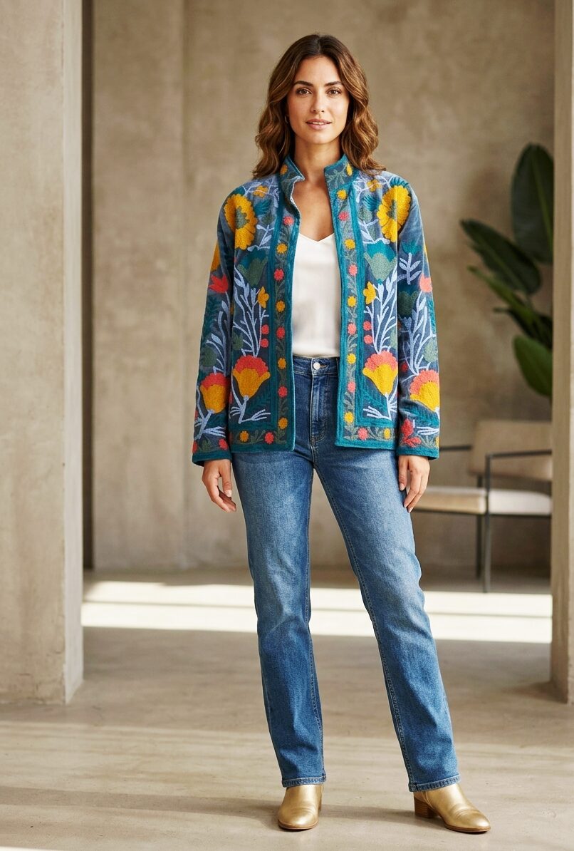 Giacca ricamata multicolore con colletto alla coreana, 100% cotone. vestibilità comoda, taglia unica Spedizione Gratuita Giacca ricamata multicolore con colletto alla coreana, 100% cotone. vestibilità comoda, taglia unica Spedizione Gratuita