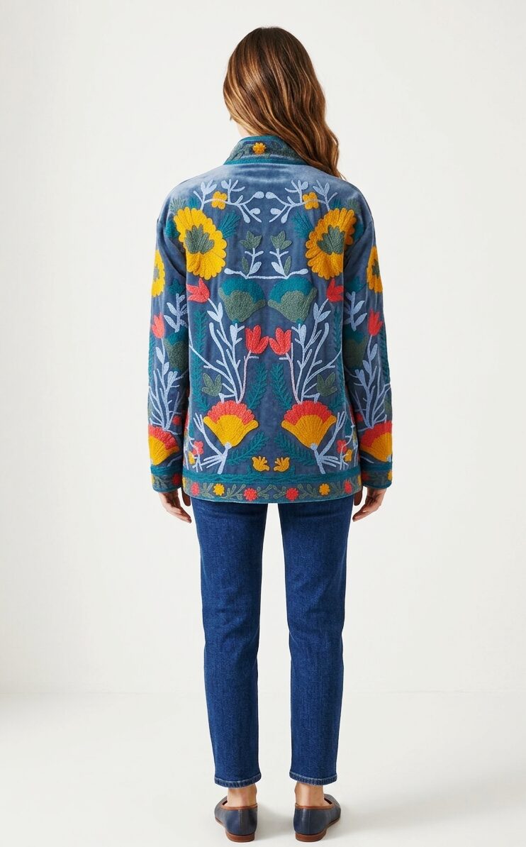 Giacca ricamata multicolore con colletto alla coreana, 100% cotone. vestibilità comoda, taglia unica Spedizione Gratuita