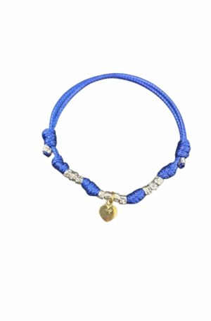 Bracciale modello dodo regolabile,unisex, realizzato con tessuto azzurro lavabile,dadini in argento925 e ciondolo cuore dorato in argento925 Spedizione Gratuita