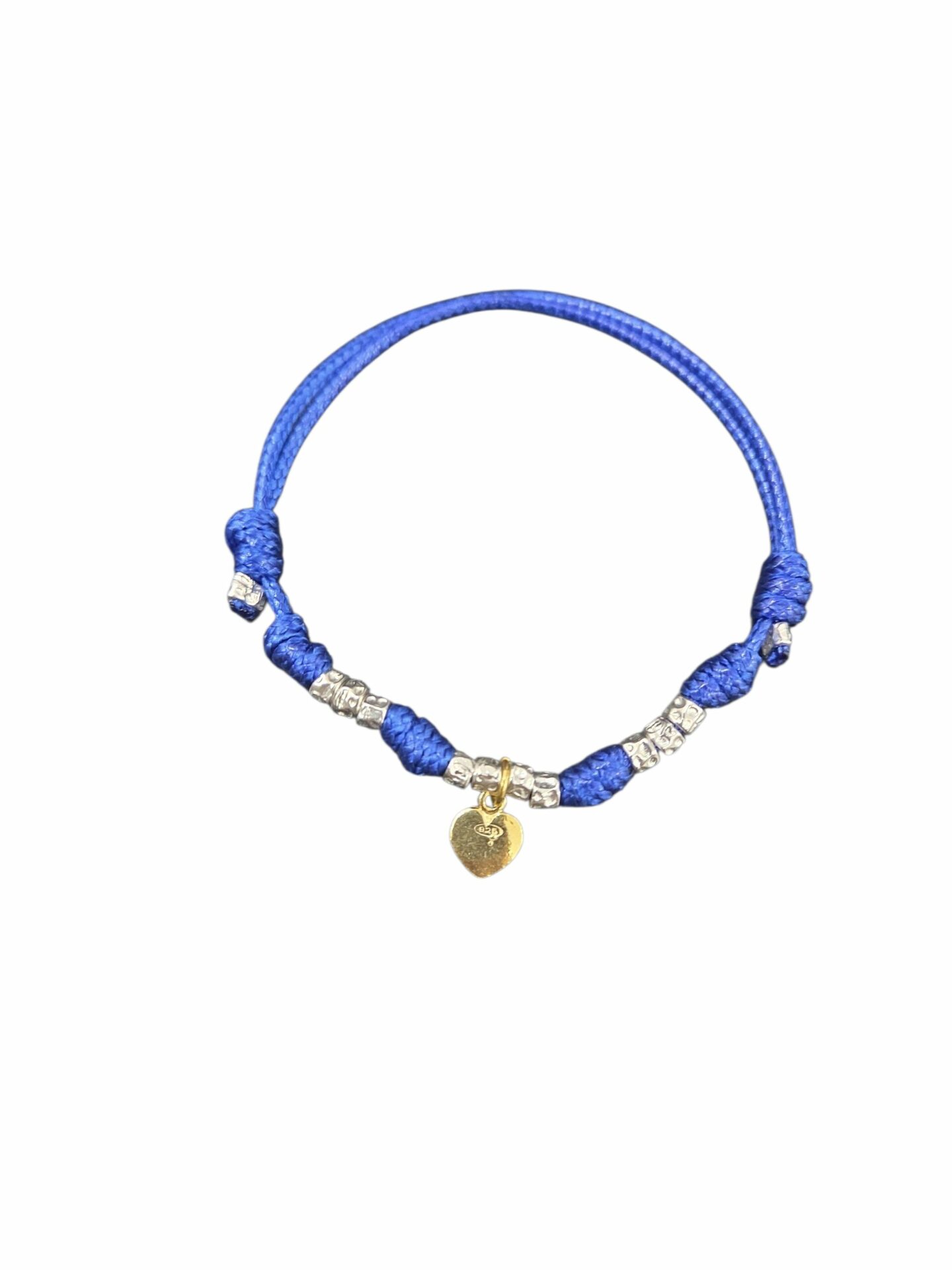 Bracciale modello dodo regolabile,unisex, realizzato con tessuto azzurro lavabile,dadini in argento925 e ciondolo cuore dorato in argento925 Spedizione Gratuita