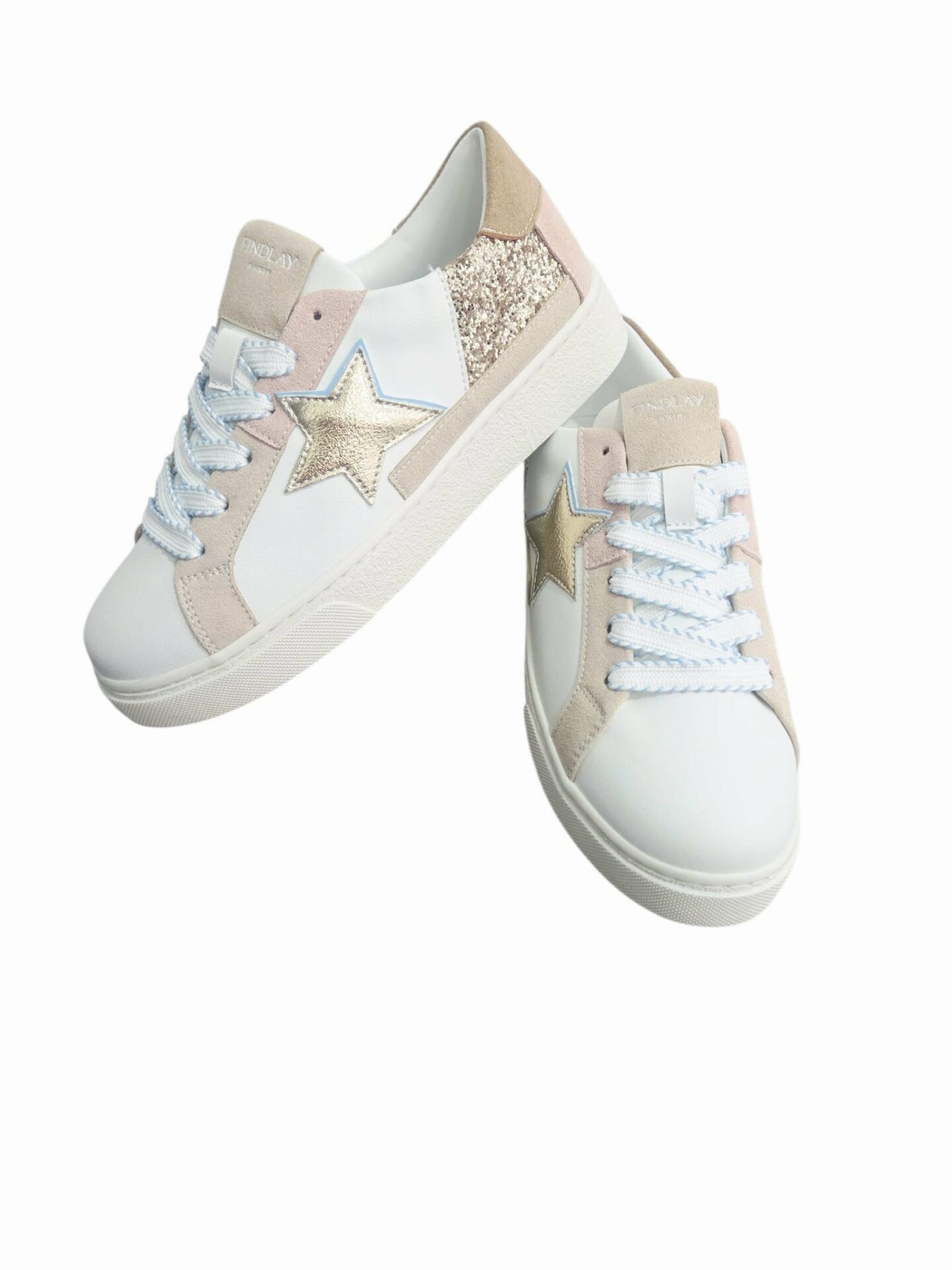 Sneakers ecopelle bianche rosa e beige, con stella oro,piccola parte glitter e parte scamosciata, suola antiscivolo. Comode. Spedizione Gratuita