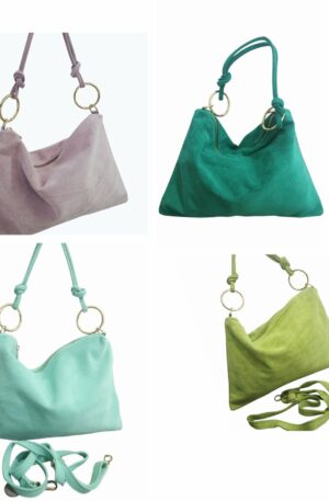 Tracolline in camoscio dotata di tracolla e manico ampio, chiusra con zip, interno foderato con tasca con zip laterale. Morbida comoda e capiente. Vera pelle,made Italy Misure L 37 H27 Spedizione Gratuita