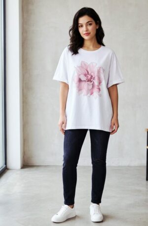 T- shirt manica corta in cotone stampa fiore rosq con strass,taglia unica vestibilità morbida Spedizione Gratuita