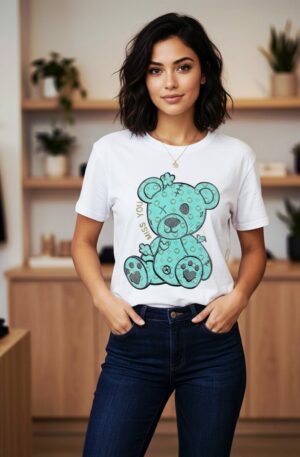 T- shirt manica corta in cotone stampa orsetto con strass,taglia unica vestibilità morbida Spedizione Gratuita