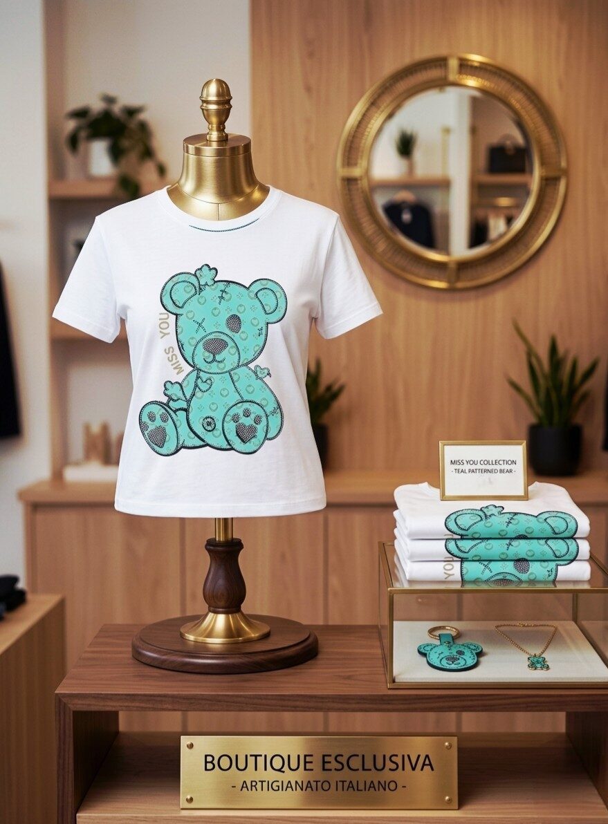 T- shirt manica corta in cotone stampa orsetto con strass,taglia unica vestibilità morbida Spedizione Gratuita