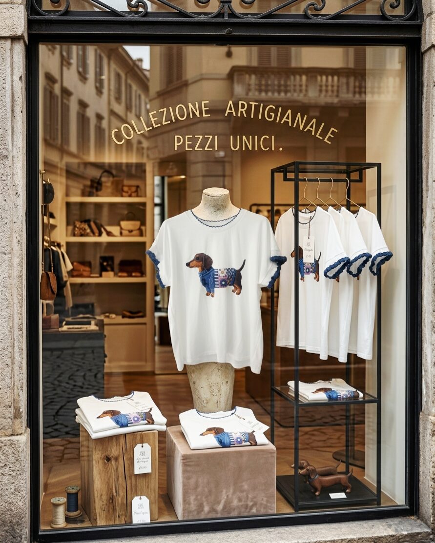 T-shirt manica corta con bassotto  blu stampato,particolarità delle maniche con riccio e girocollo. 
95% cotone 5% elastame Spedizione Gratuita