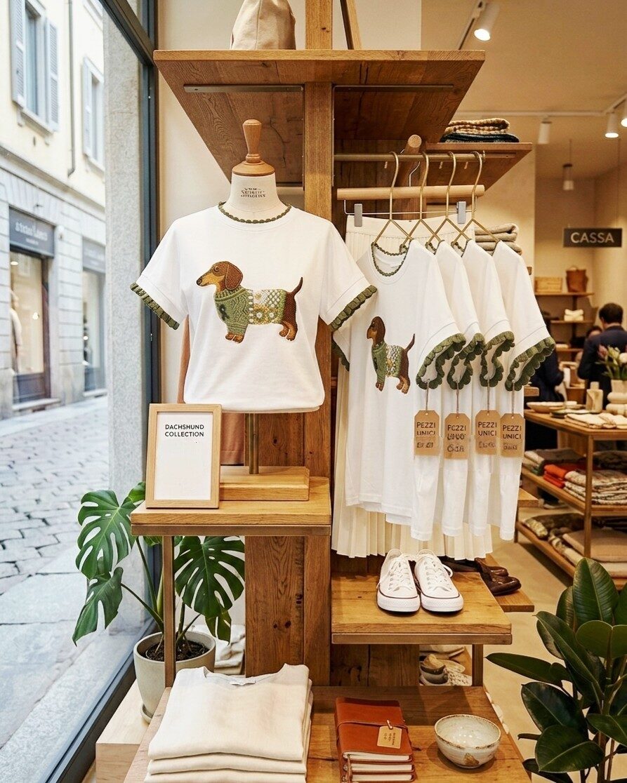 T-shirt manica corta con bassotto stampato verde, particolarità nelle maniche con riccio e girocollo. composizione: cotone 100% elastame 5% Spedizione Gratuita