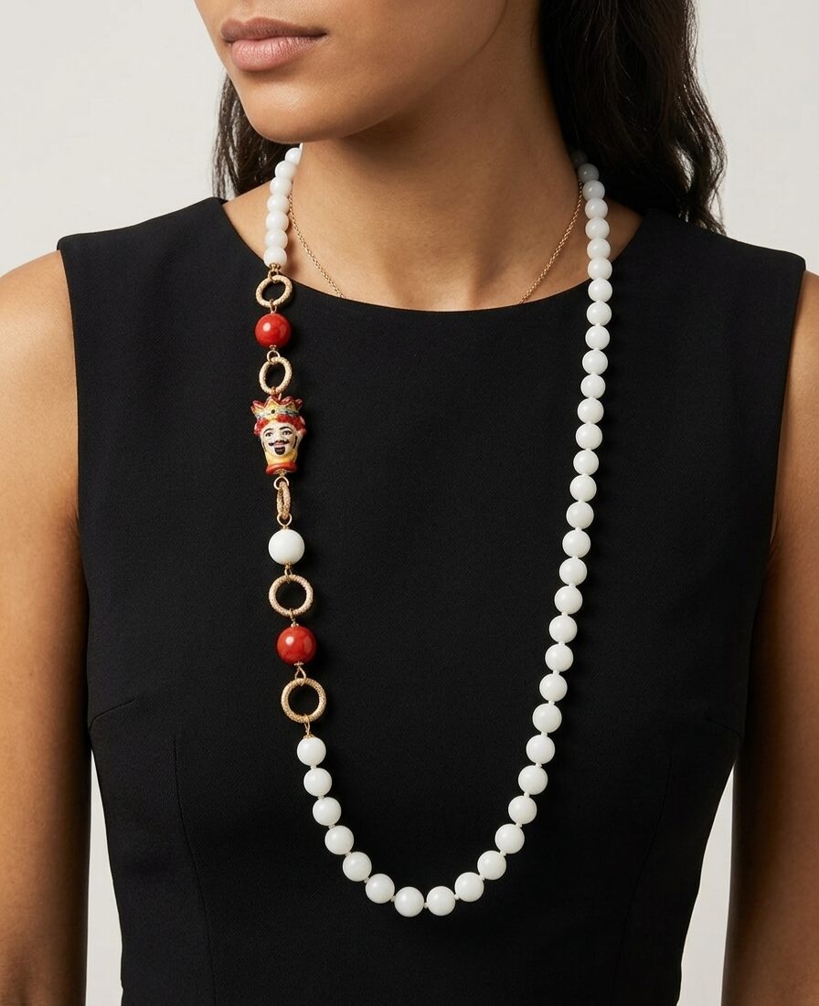 Collana lunga realizzata con agata bianca,pasta di corallo e testa di moro in ceramica di Caltagirone.
lunghezza 84cm Spedizione Gratuita Collana lunga realizzata con agata bianca,pasta di corallo e testa di moro in ceramica di Caltagirone.
lunghezza 84cm Spedizione Gratuita