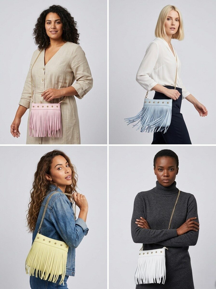 Tracolline vera pelle con borchie e frange catena dorata lunga da poter fate doppia, interno foderato, chiusra con zip. Misure L21 H15 B8 Spedizione Gratuita