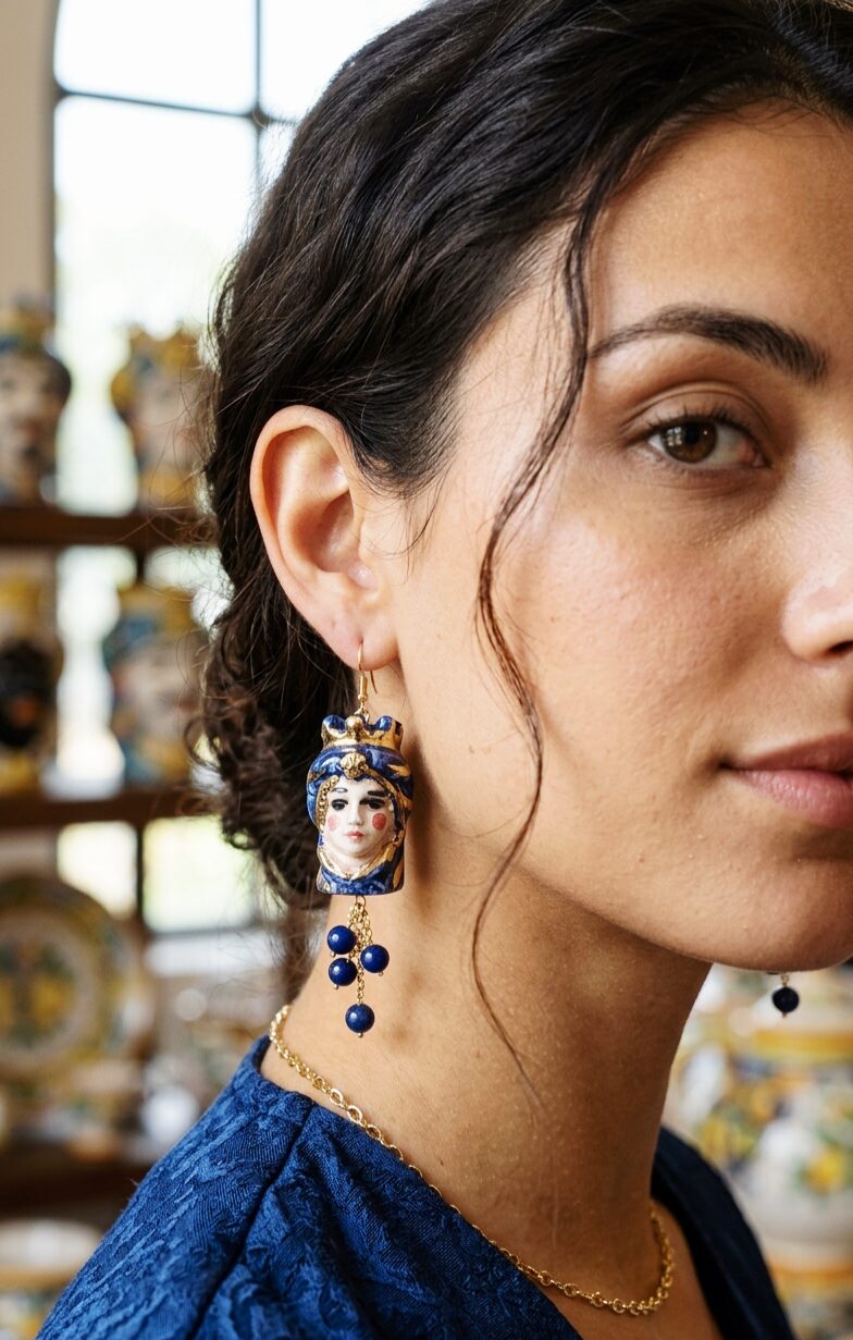 Orecchini  realizzati con teste di moro maschio e femmina,ceramiche di Caltagirone, e grappolo di agata blu.
lunghezza 8cm
peso 6.4gr Spedizione Gratuita