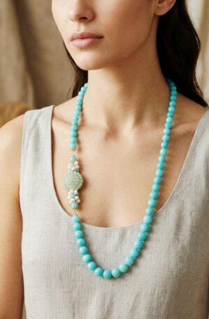 Collana realizzata con Giada color acqua marina e perle di fiume
lunghezza 75cm Spedizione Gratuita