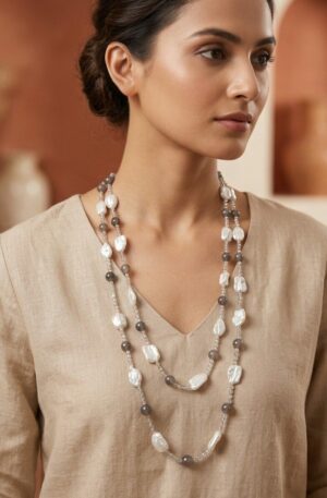 Collana molto lunga possibilità di farla anche due e tre giri,realizzata con agata grigia e perle barocche.
Lunghezza 1,5m Spedizione Gratuita