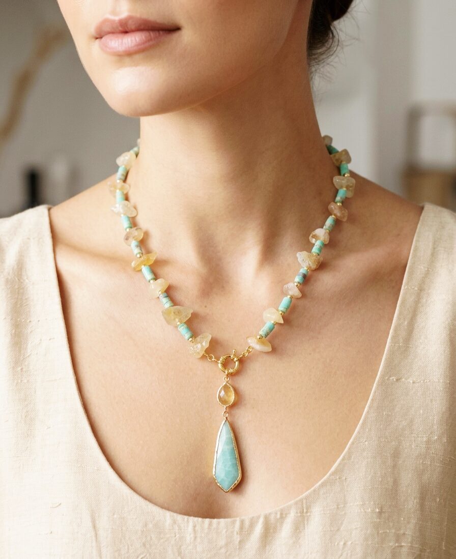 Collana girocollo realizzata con quarzo citrino, amazzonite ed aulite. Moschettone in acciaio dorato.
lunghezza girocollo 50cm
lunghezza ciondolo 7cm Spedizione Gratuita Collana girocollo realizzata con quarzo citrino, amazzonite ed aulite. Moschettone in acciaio dorato.
lunghezza girocollo 50cm
lunghezza ciondolo 7cm Spedizione Gratuita