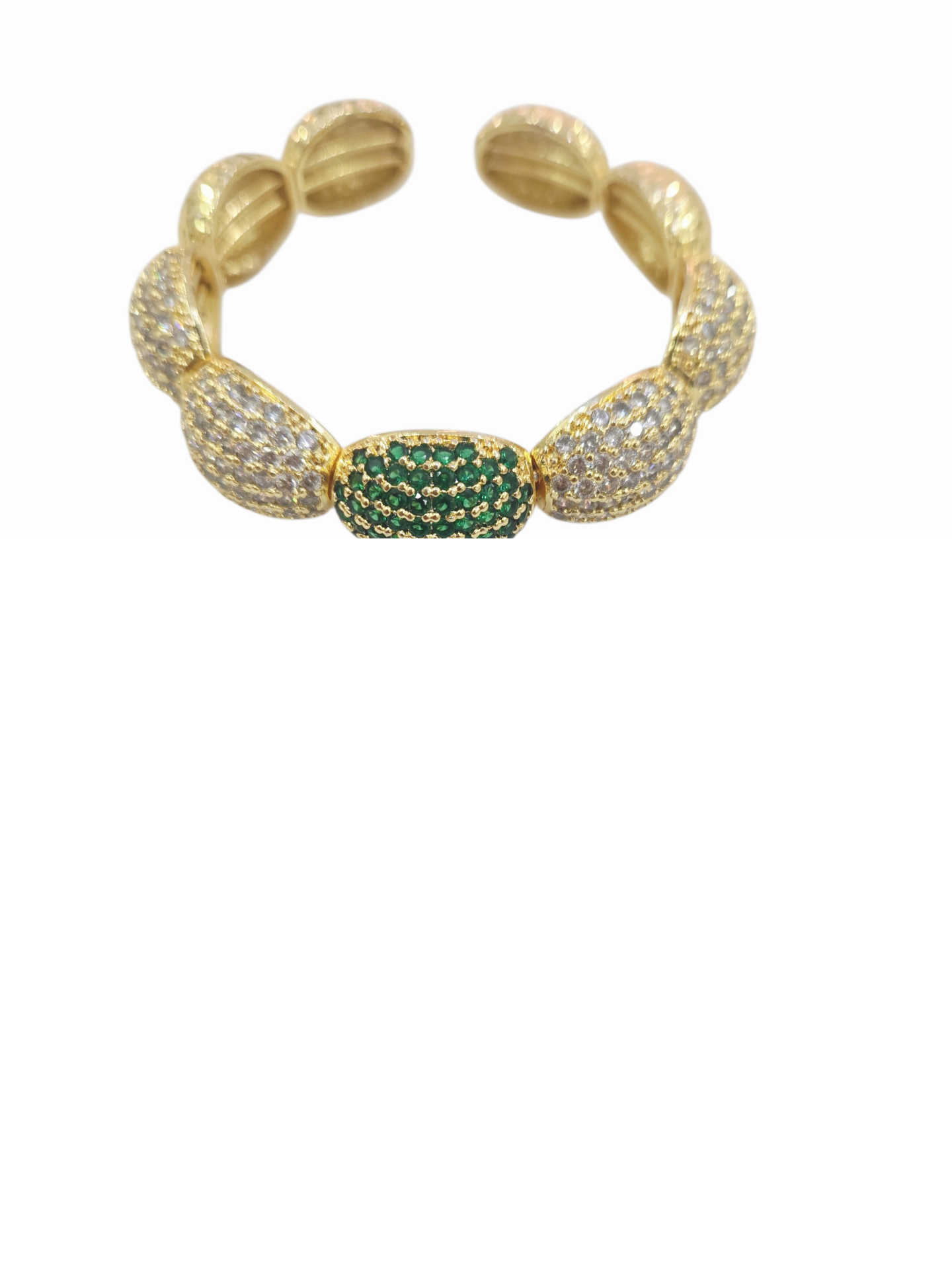 Bracciale ad incastro realizzato artigianalmente con ottone battuto e 4 ovali con zirconi bianchi e ovale centrale con zirconi verdi incastonati Spedizione Gratuita