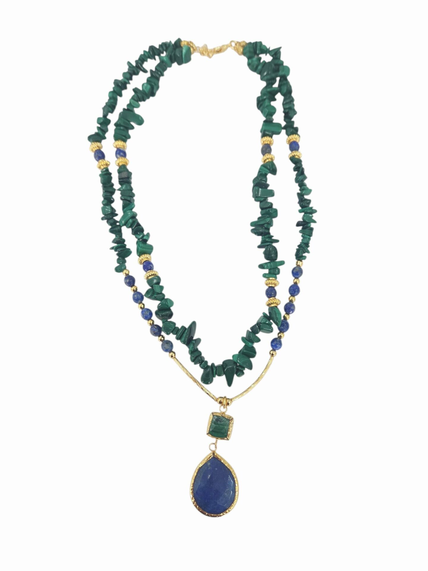 Collana girocollo regolabile doppio filo realizzata con malachite, lapislazzuli ed elementi dorati in ottone lunghezza 48cmlunghezza ciondolo 5cm Spedizione Gratuita