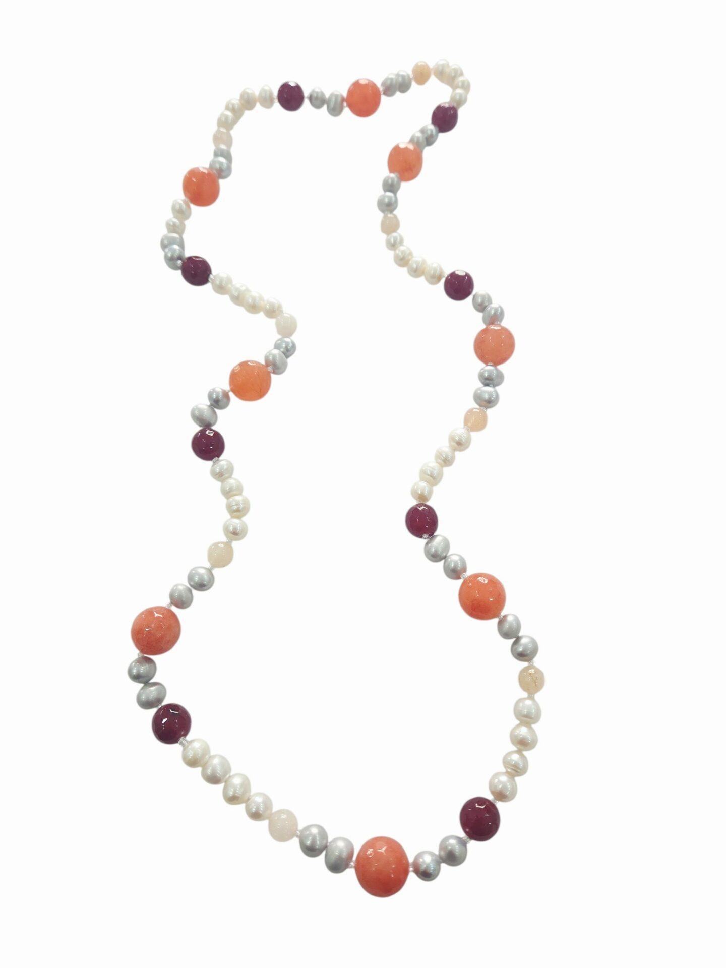 Collana lunga realizzata con perle di fiume bianche e grigie ed agata lunghezza 76cm Spedizione Gratuita