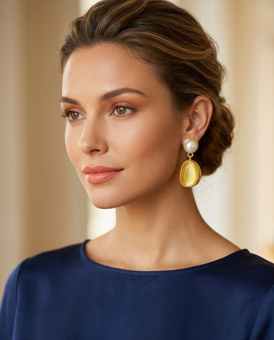 Orecchini  realizzati su base in ottone con occhio di gatto giallo e perle di fiume a lobo con ago e farfalla
peso 3.9gr
lunghezza 2.5cm Spedizione Gratuita