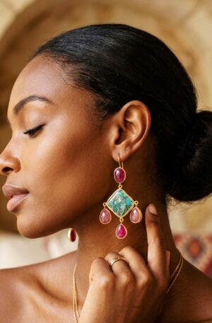 Orecchini pendenti realizzati con quarzo rosa,radice di rubino e turchese contornati da ottone
lunghezza 8cm
peso 9.7gr Spedizione Gratuita