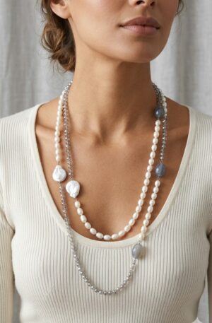 Collana lunga possibilità di fare doppio giro realizzata con cristalli,perle di fiume, agata,quarzo grigio e perle barocche piatte
lunghezza 1.24cm Spedizione Gratuita