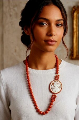 Collana lunga realizzata con pasta di corallo e laterale con cammeo di Torre del Greco 
lunghezza 74cm Spedizione Gratuita