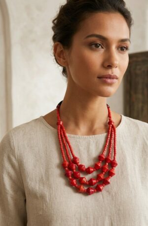 Collana girocollo realizzata con corallo bambù e tessuto nero
lunghezza 70cm Spedizione Gratuita