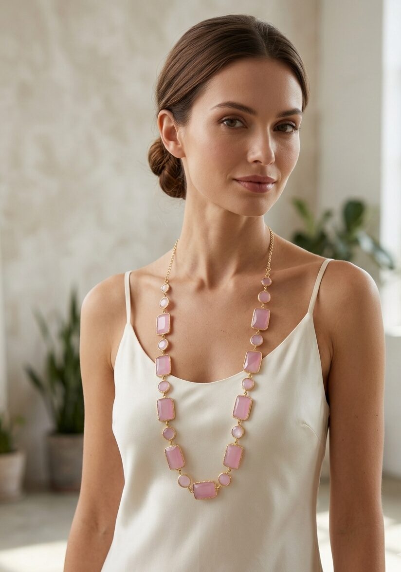 Collana realizzata con piastre rettangolari e tonde in occhio di gatto circondate da ottone. Possibilità si farla sia girocollo che lunga. Colore rosaLunghezza 71cm Spedizione Gratuita
