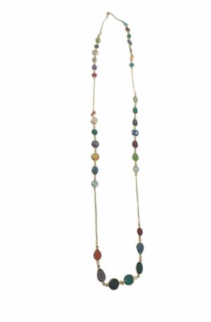 Collana lunga realizzata con quarzi multicolore in verie forme circondate da ottone e catena in ottone.
lunghezza 97cm Spedizione Gratuita