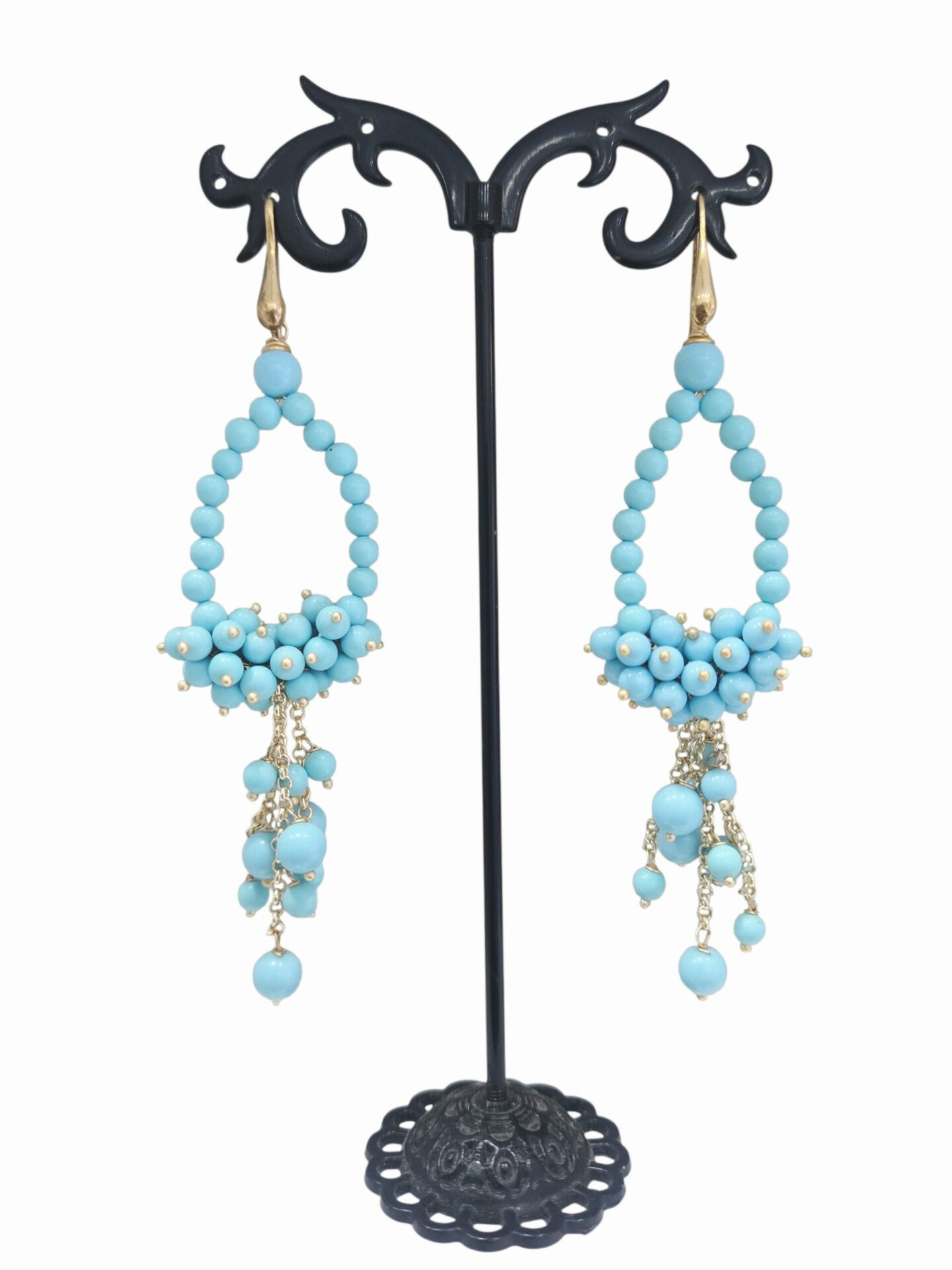 Orecchini realizzati artigianalmente con pasta di turchese. monachella in argento925 placcata oro peso 7.9grlunghezza 9.5cm Spedizione Gratuita