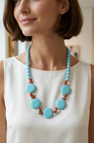 Collana realizzata con pasta di turchese,corallo e perle di fiume
lunghezza 56cm Spedizione Gratuita