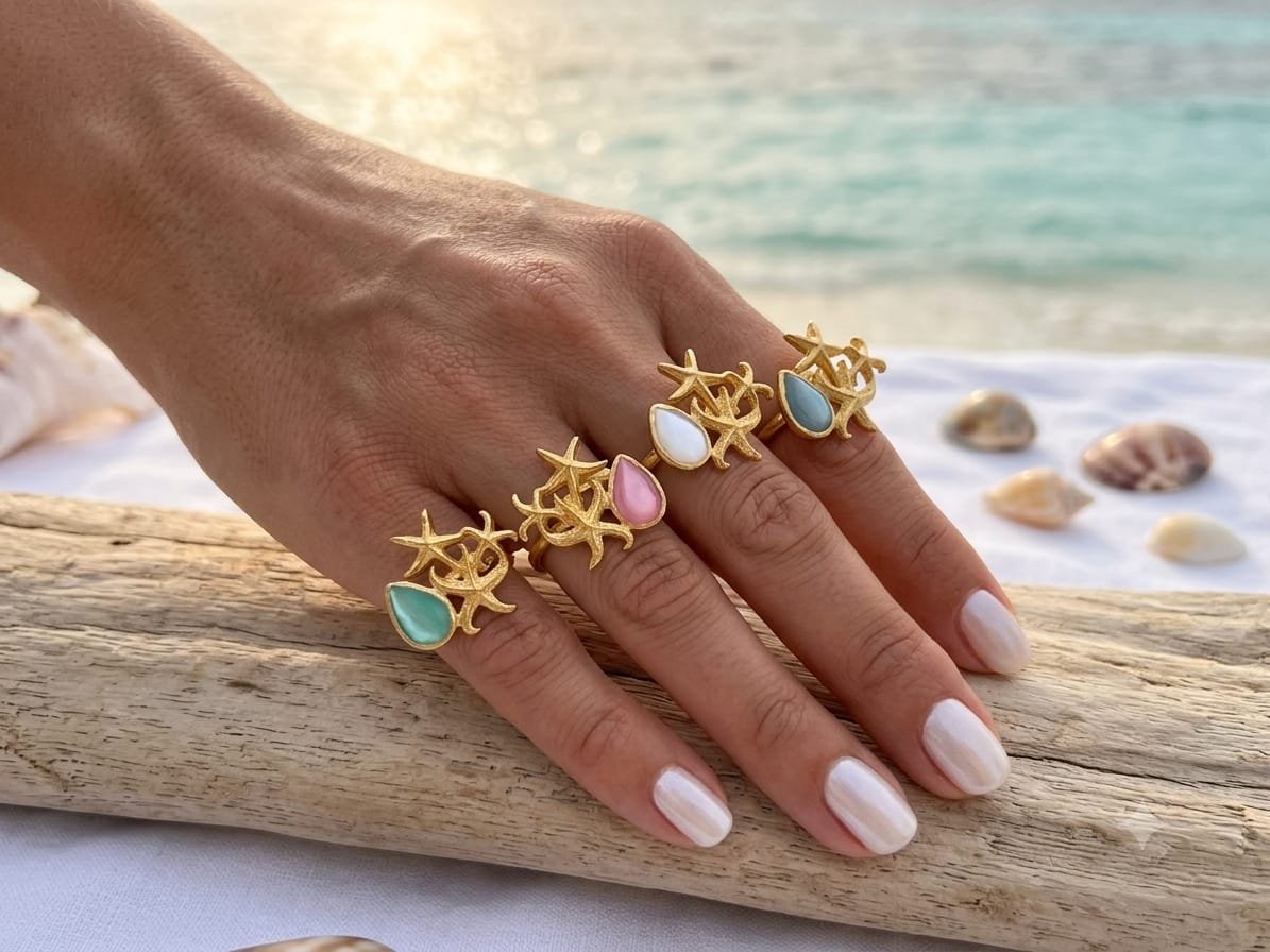 Anelli regolabili realizzati in ottone con stelle marine e pietra occhio di gatto. Colori verde acqua, rosa, acqua marina e neutro. Spedizione Gratuita Anelli regolabili realizzati in ottone con stelle marine e pietra occhio di gatto. Colori verde acqua, rosa, acqua marina e neutro. Spedizione Gratuita