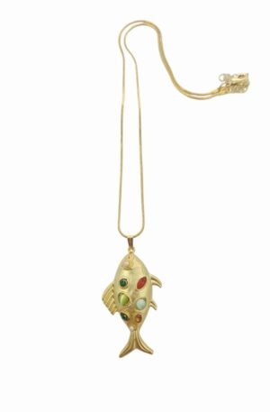 Collana con pesciolino in ottone e pietre occhio di gatto multicolore, catena anallergica regolabile
lumghezza 45cm Spedizione Gratuita