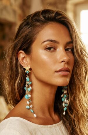 Orecchini pendenti realizzati con turchesi, perle di fiumee monachella con stellina in ottone
lunghezza 12cm
peso 8.2gr Spedizione Gratuita
