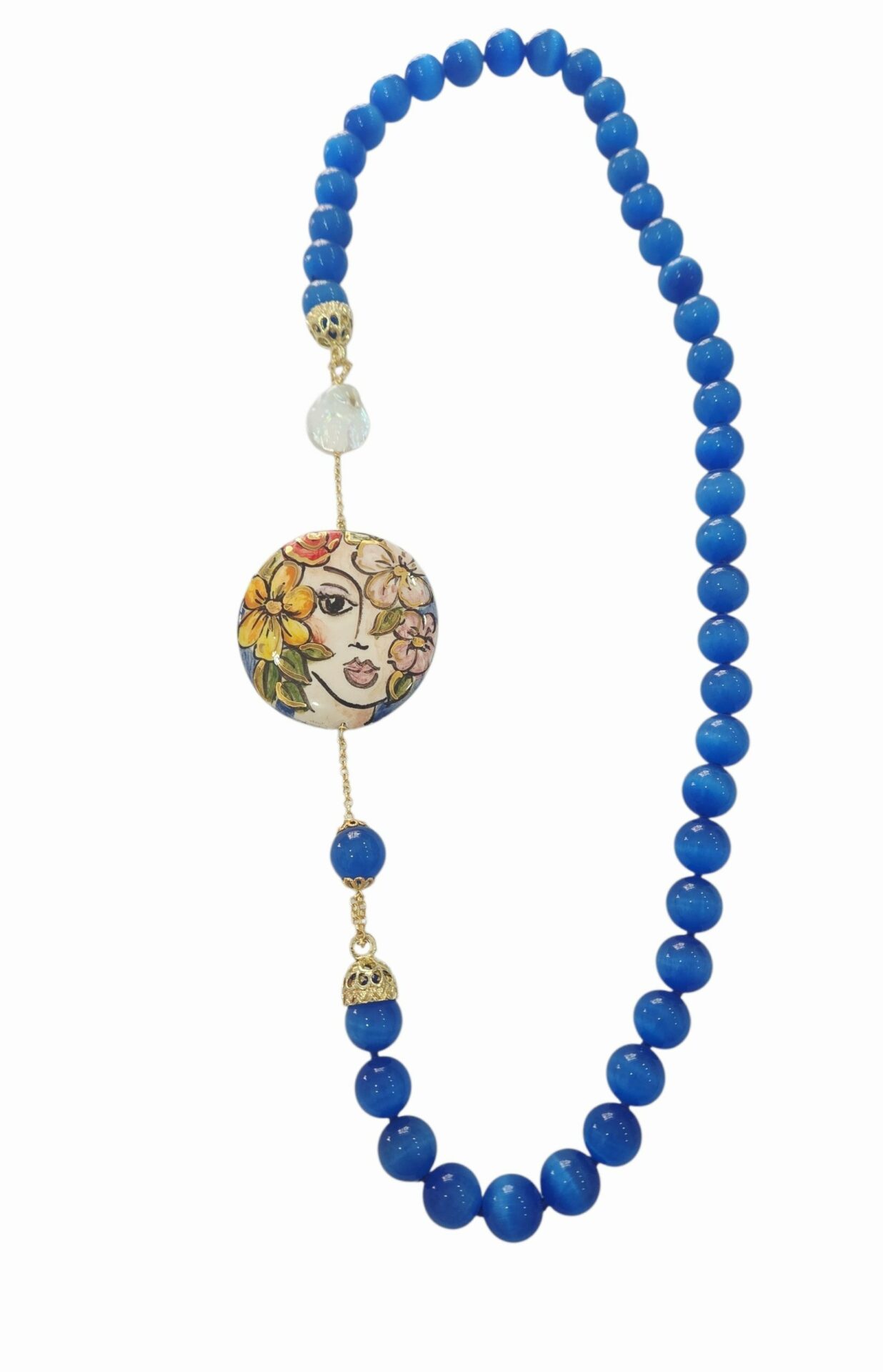 Collana realizzata con occhio di gatto,perla barocca piatta e Ceramica di Caltagirone dipinta 
lunghezza 75cm Spedizione Gratuita