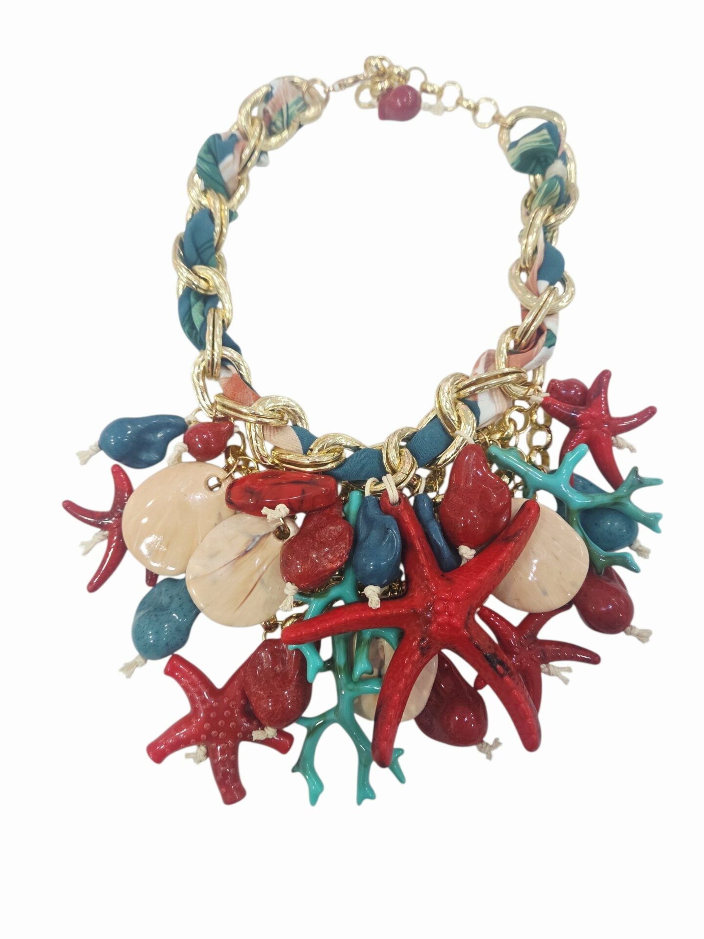 Collana girocollo regolabile realizzata con resine marine rosse,turchesi e neutre, catena in alluminio rivestita da tessuto.
lunghezza 48cm Spedizione Gratuita