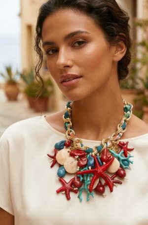 Collana girocollo regolabile realizzata con resine marine rosse,turchesi e neutre, catena in alluminio rivestita da tessuto.
lunghezza 48cm Spedizione Gratuita