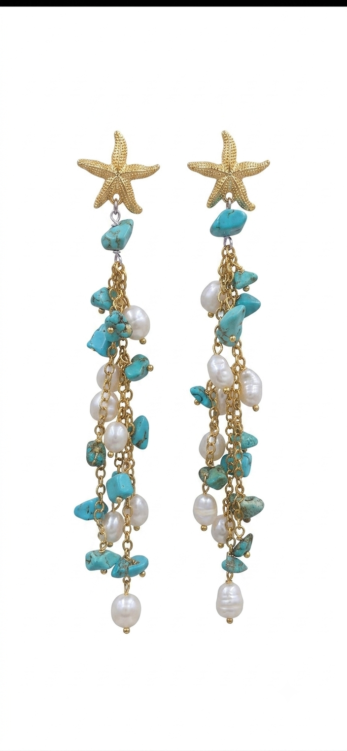 Orecchini pendenti realizzati con turchesi, perle di fiumee monachella con stellina in ottone
lunghezza 12cm
peso 8.2gr Spedizione Gratuita