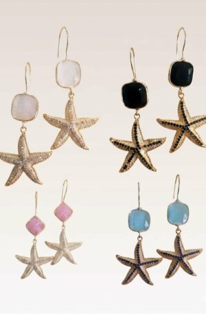 Orecchini realizzati con stelle in ottone e zirconi pendenti  ed occhio di gatto con monachella.
Peso 4gr lunghezza 6cm Spedizione Gratuita