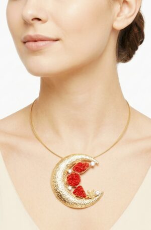 Collana girocollo regolabile con ciondolo luna in ottone con corallo e zirconigrandezza ciondolo 10cm Spedizione Gratuita