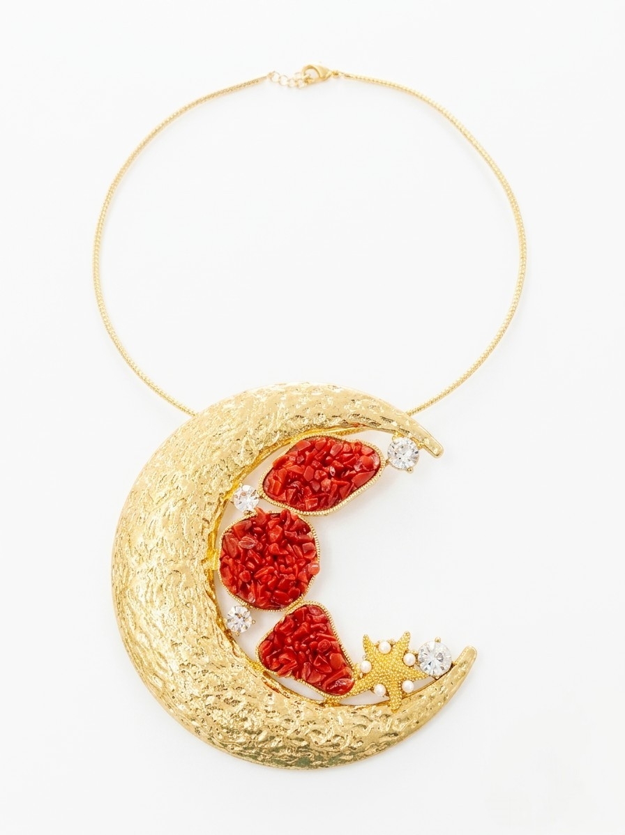 Collana girocollo regolabile con ciondolo luna in ottone con corallo e zirconigrandezza ciondolo 10cm Spedizione Gratuita