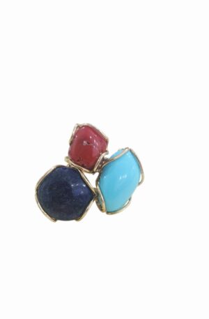 Anello regolabile realizzato in argento925 placcato oro con corallo rosso, turchese e lapislazzuli Spedizione Gratuita
