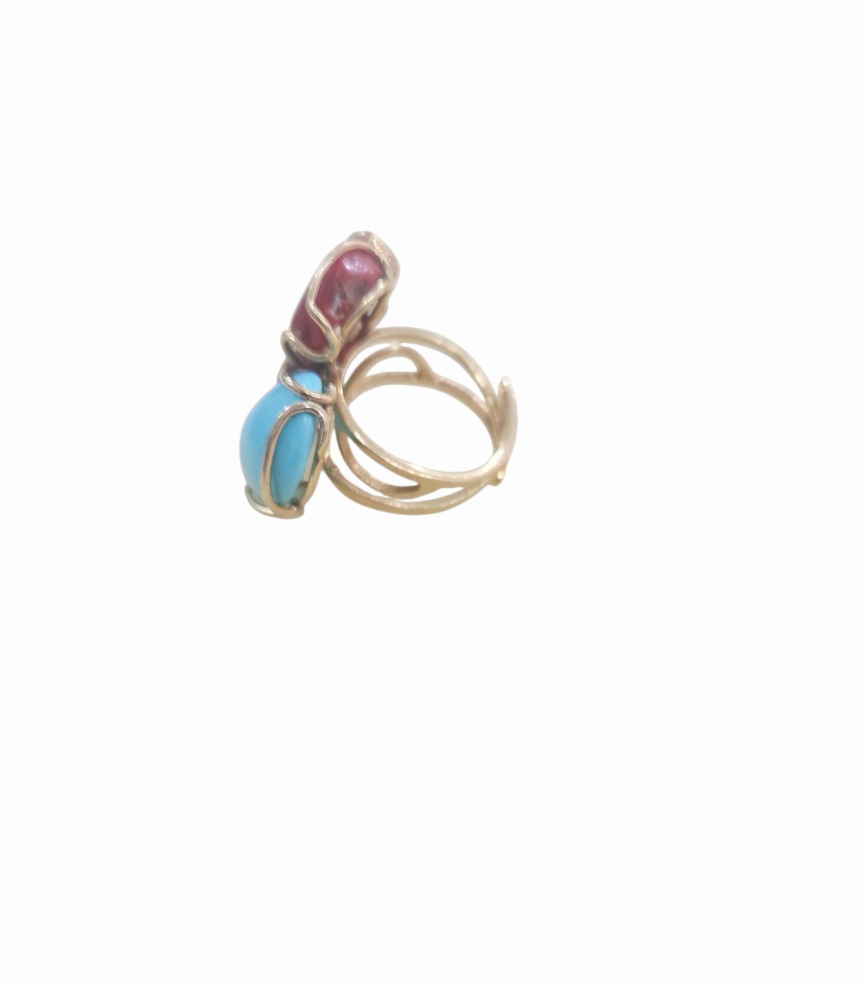 Anello regolabile realizzato in argento925 placcato oro con corallo rosso, turchese e lapislazzuli Spedizione Gratuita