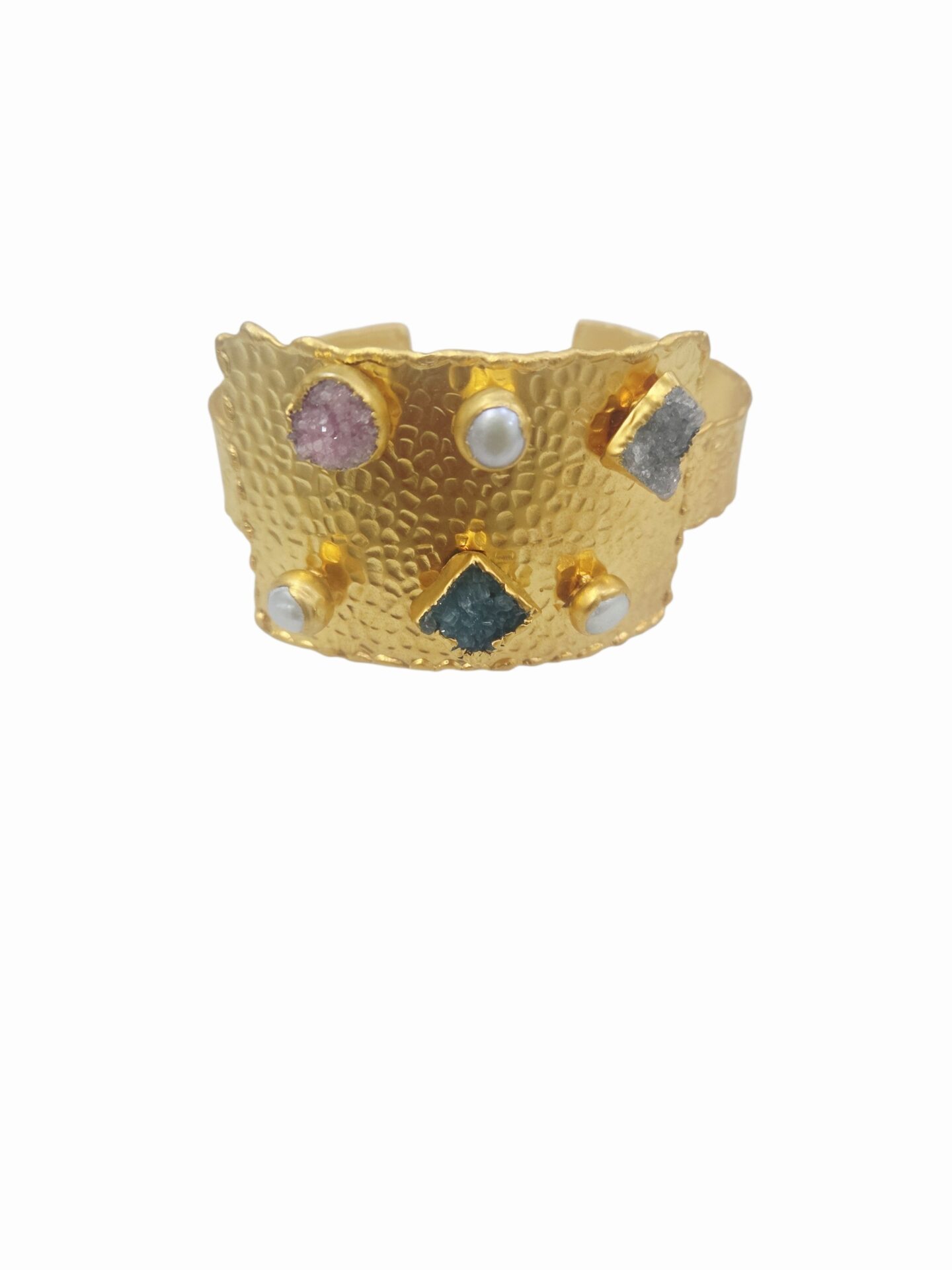Bracciale in ottone ad incastro con druzy multicolore e perle di fiume incastonate Spedizione Gratuita