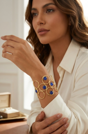 Bracciale ad incastro in ottone con occhio di gatto incastonato blu Spedizione Gratuita