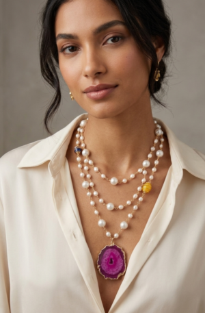 Collana realizzata artigianalmente con più fili di perle di fiume varie misure, agata blu e gialla e ciondolo in geode fucsia contornato da ottone. chiusura in acciaio.
lunghezza 45cm Spedizione Gratuita
